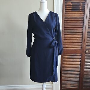 J. Crew Women's 365 Crepe V Neck Drape Long Sleeve Wrap Midi Dress Navy Blue 0